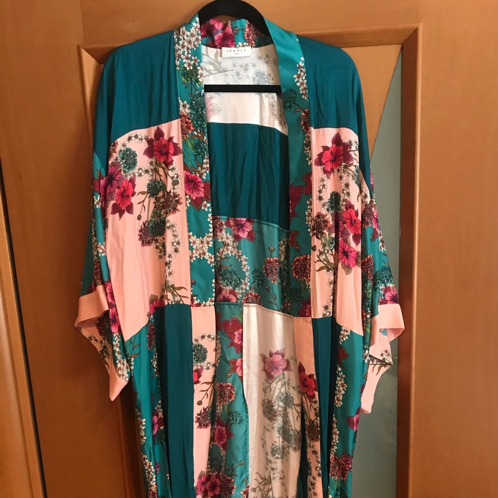 Sandro Floral-print Crepe De Chine Kimono Green - Picture 2 of 8